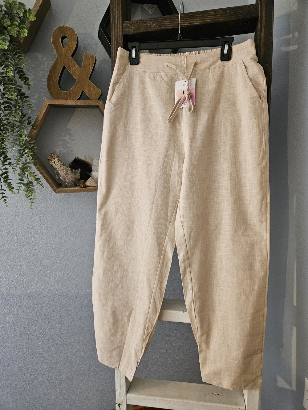 NWT Beige Drawstring Relaxed Jogger Pants, Smocked Waste And Leg-Large